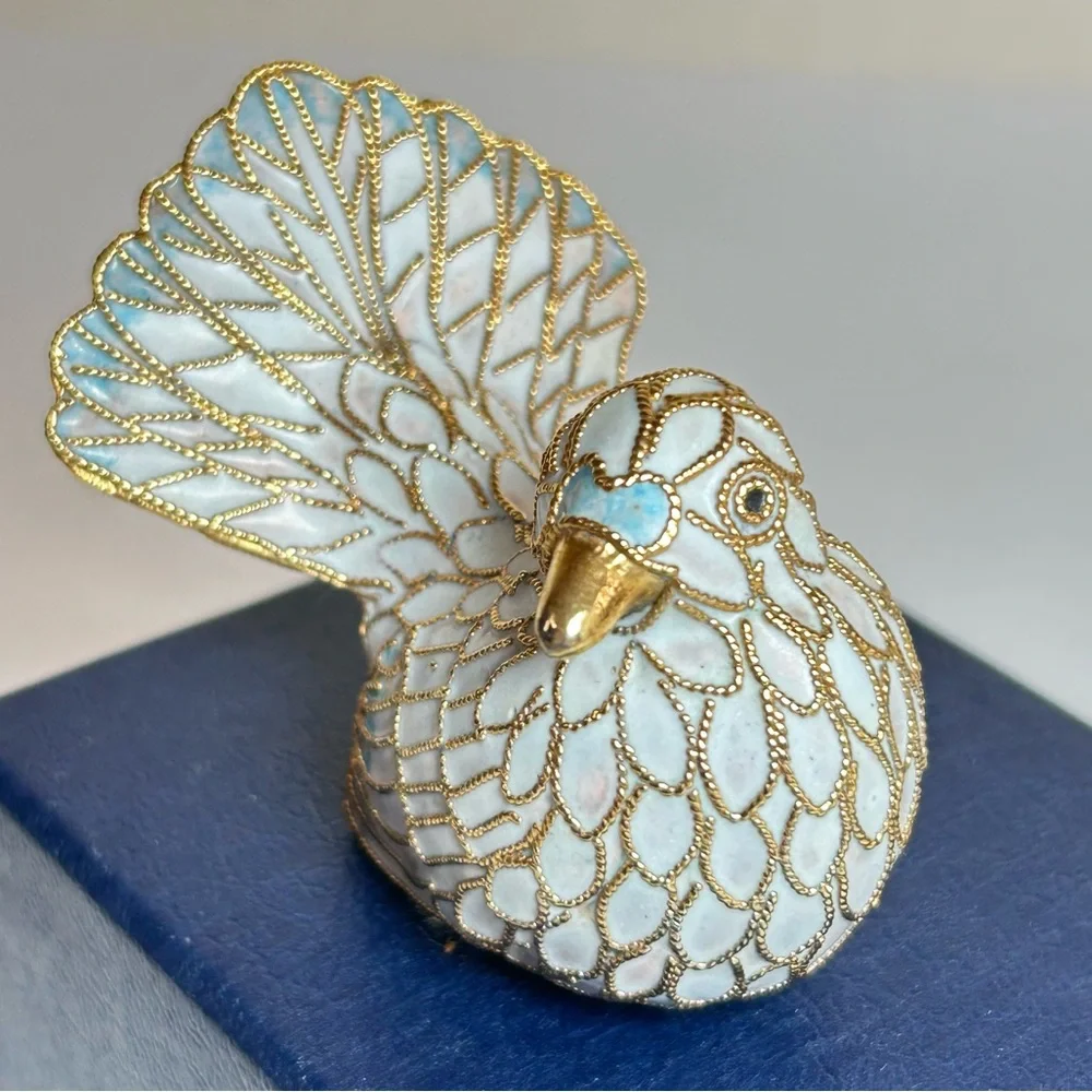 Vintage Cloisonné Bird Dove Figurine Gold Wire White & Blue Enamel